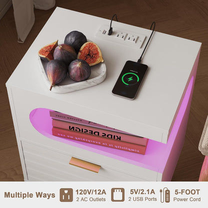 Modern Black Nightstand with Charging Station, LED Light & Storage Drawer