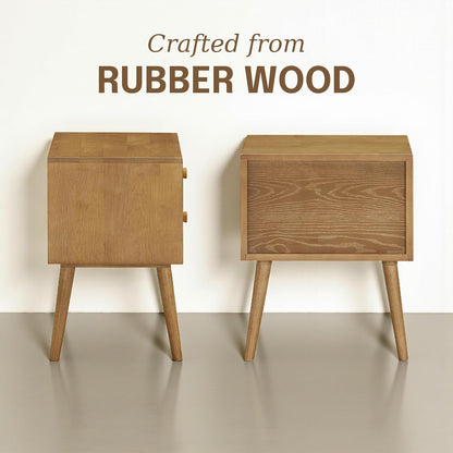 Solid Rubberwood 2-Drawer Nightstand – Sand Mid-Century Bedside Table