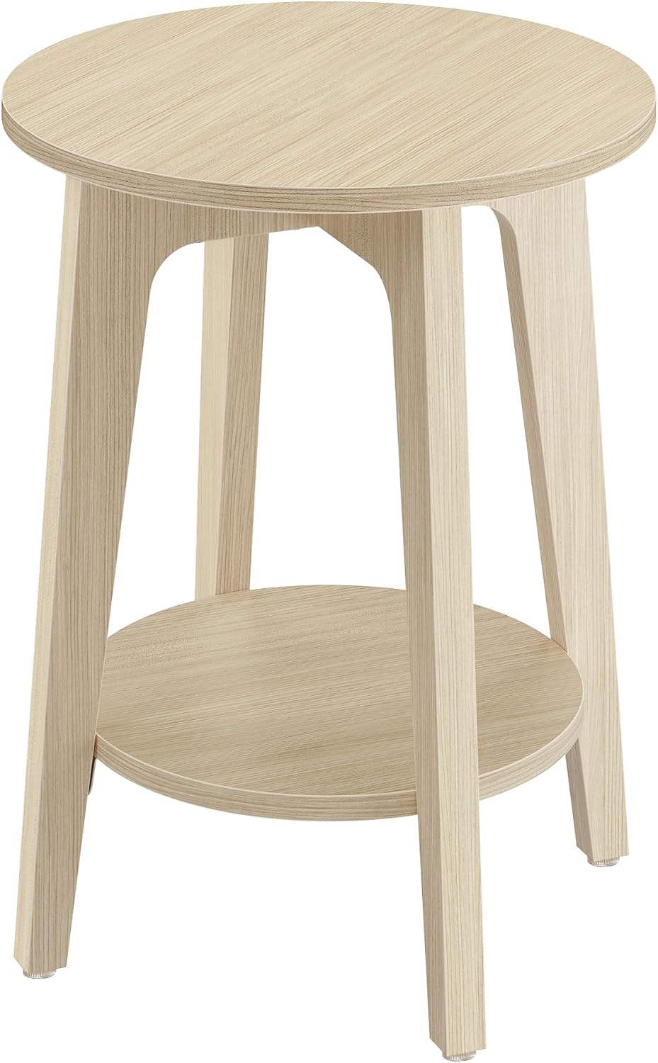 Round Wood Side Table with Lower Shelf Mid Century End Table