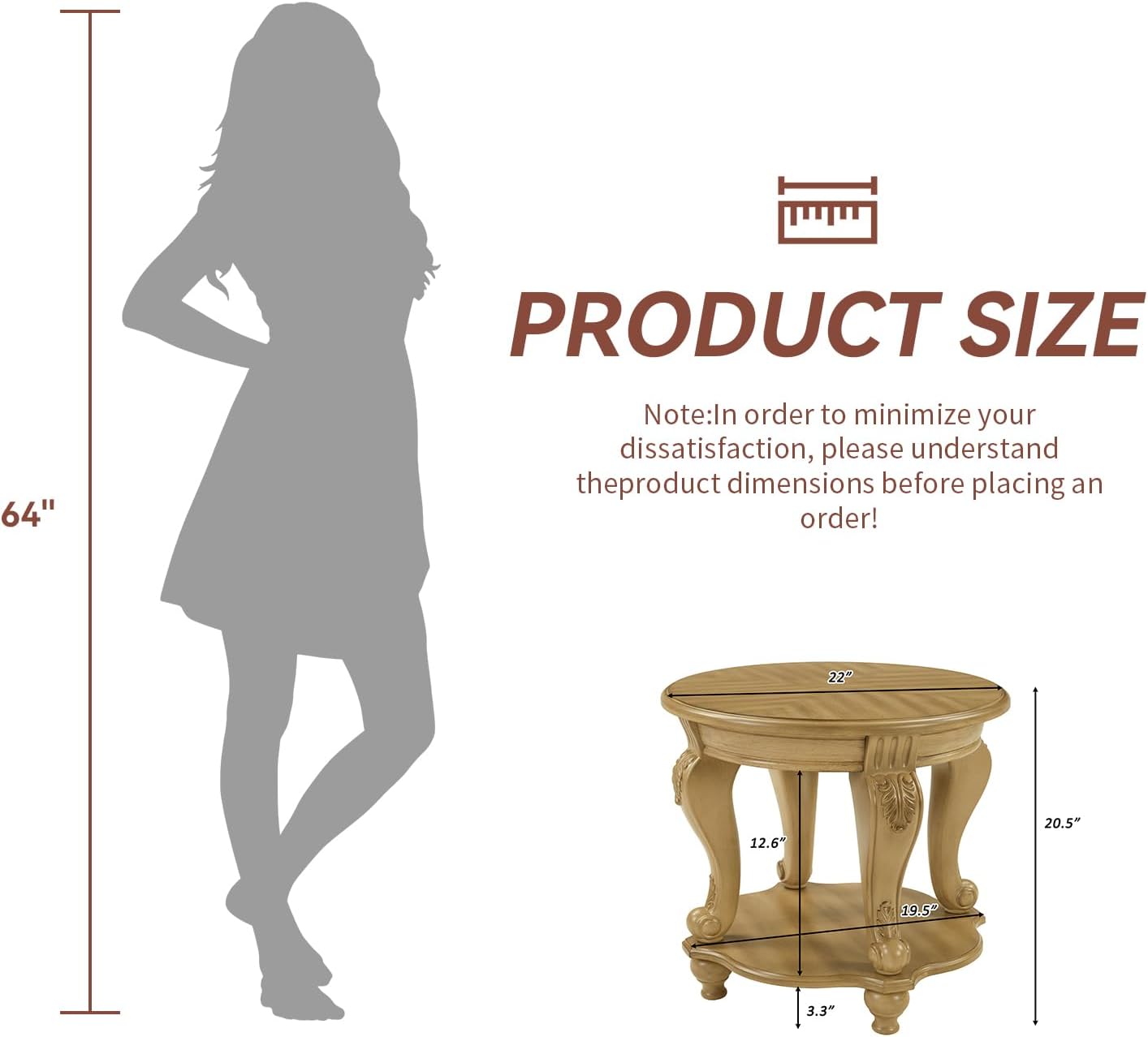 Round End Table Antique Natural Victorian Carved Side Table with Storage Shelf