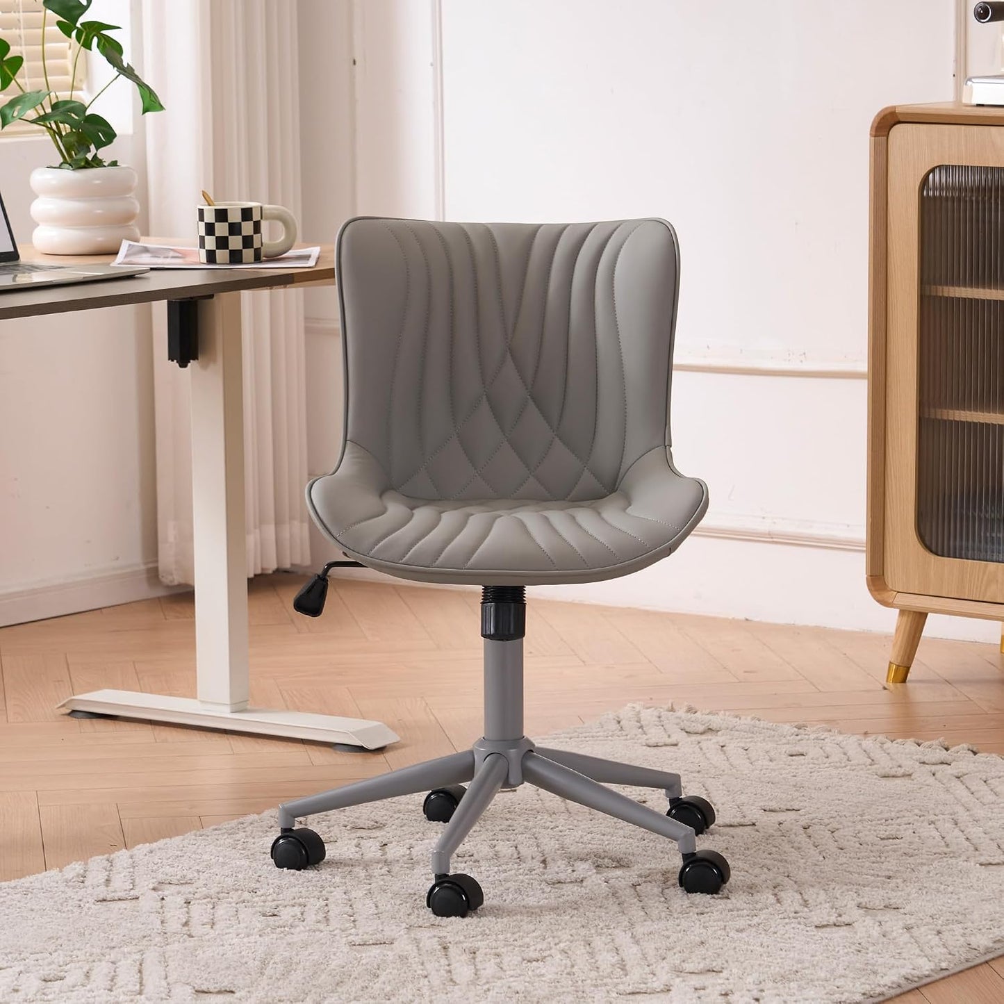 Brown Faux Leather Office Chair Adjustable Swivel Rolling Armless Desk Chair