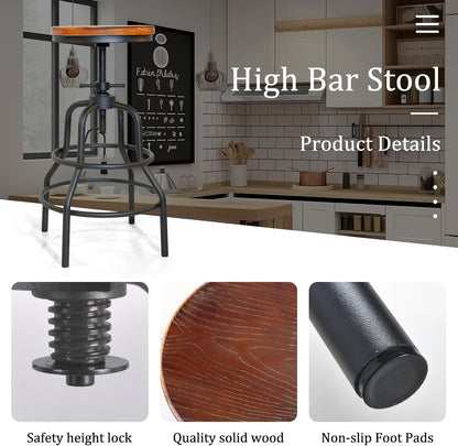 Industrial Swivel Bar Stools Set of 2 Adjustable Wood Counter Height Stools