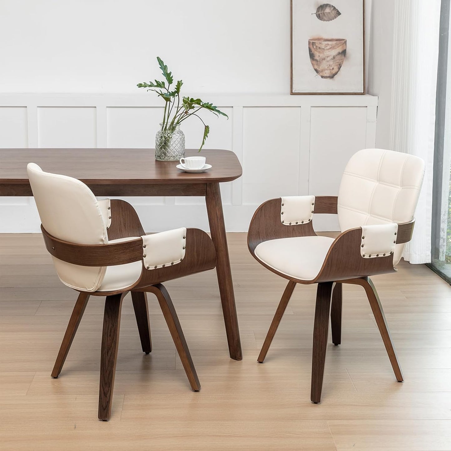 Walnut Brown Swivel Dining Chair with Arms Faux Leather Mid Century Chair