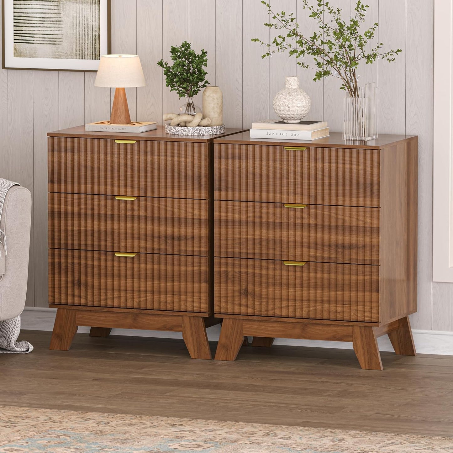 White Fluted Nightstand with 3 Drawers Modern Wide Bedside Table
