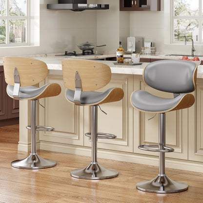 Adjustable Swivel Bar Stool Black PU Leather Walnut Bentwood Counter Chair