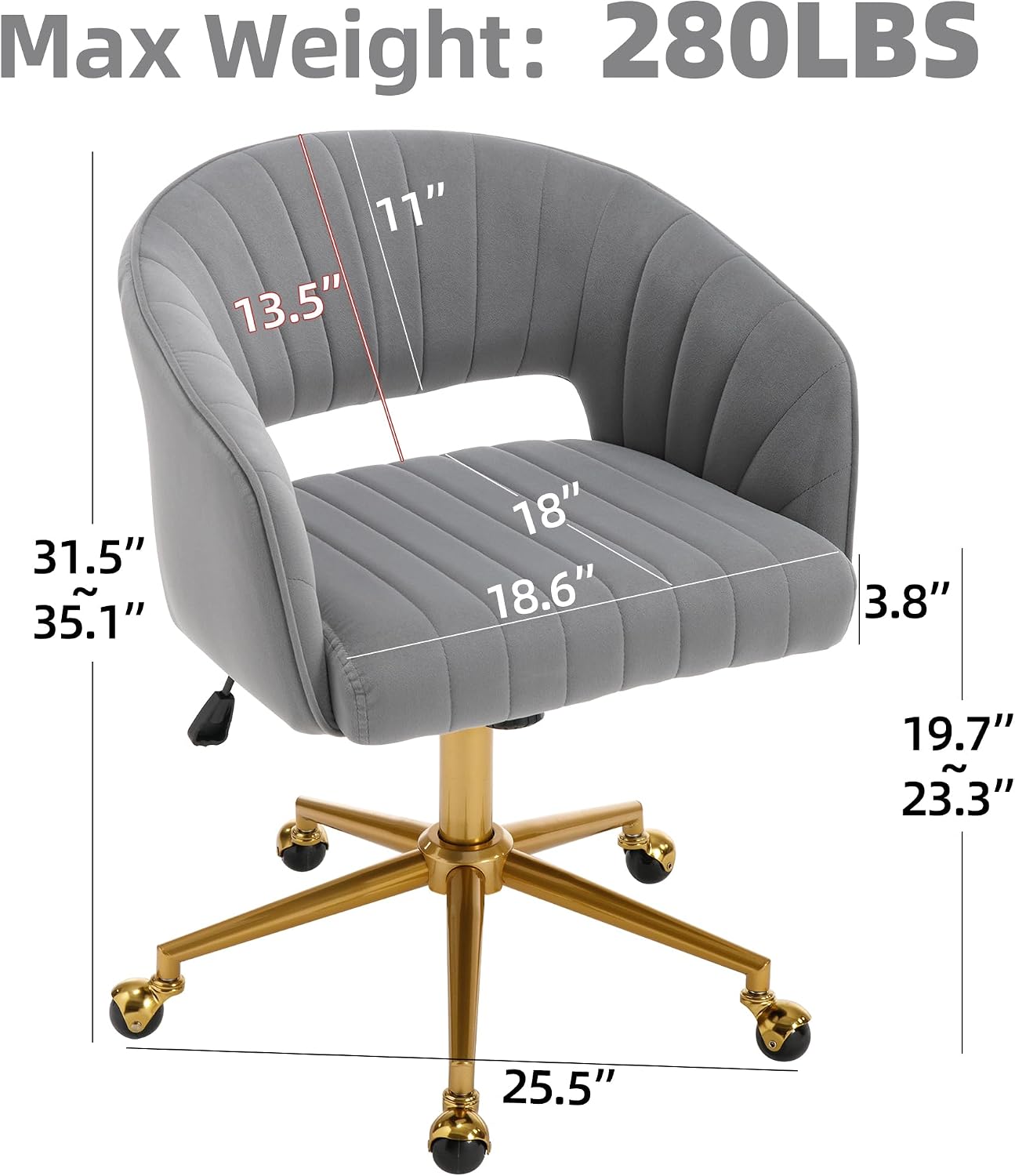 Red Velvet Swivel Desk Chair Adjustable Vanity Chair with Gold Base and Wheels