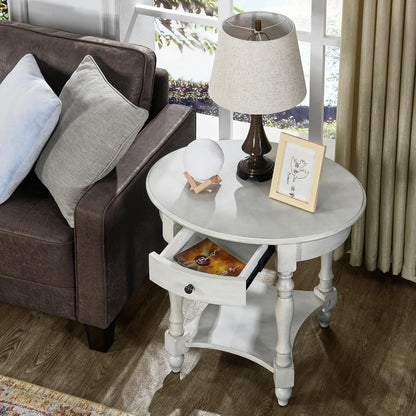 Solid Wood Oval End Table with Drawer and Lower Storage Shelf