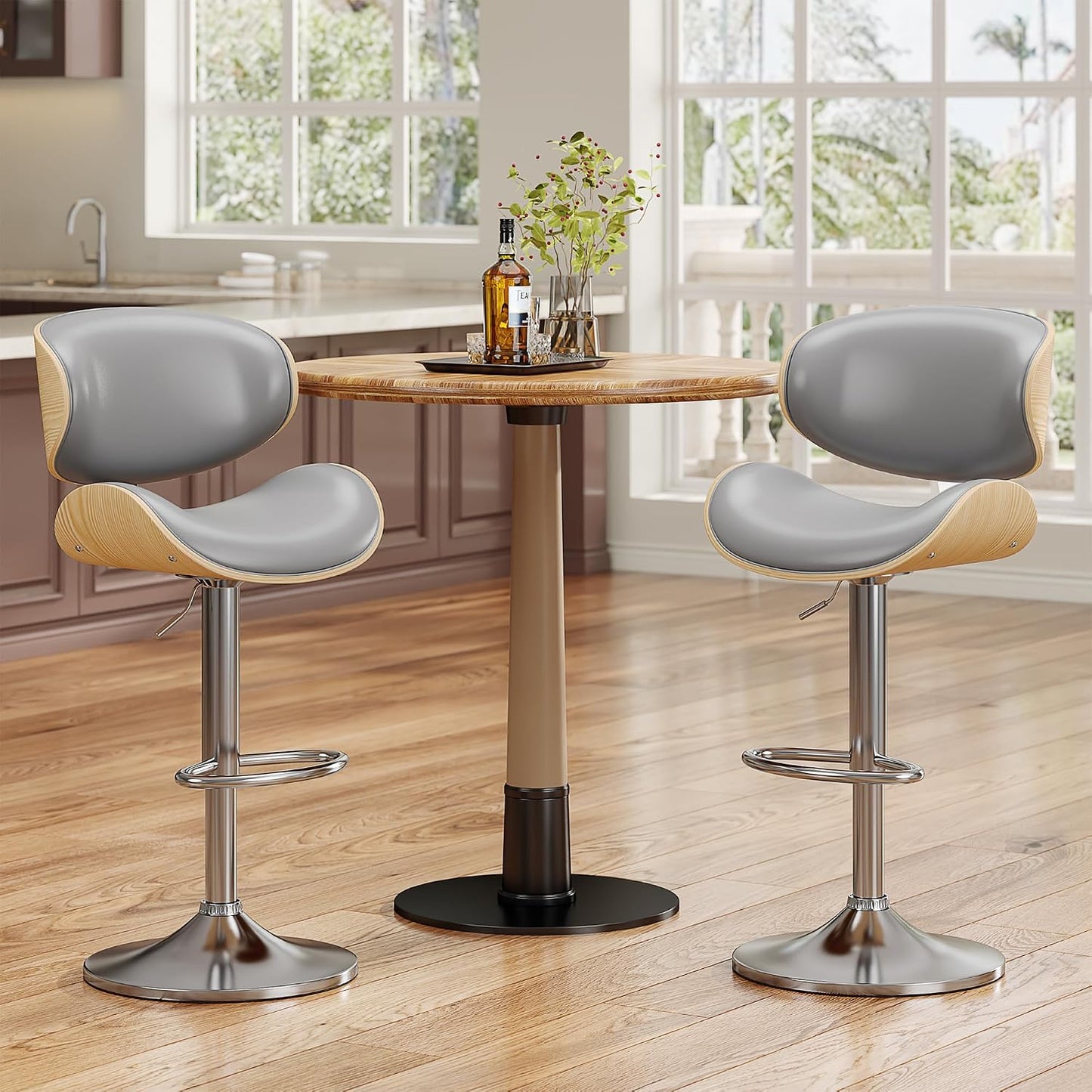 Adjustable Swivel Bar Stool Black PU Leather Walnut Bentwood Counter Chair