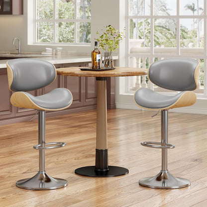 Adjustable Swivel Bar Stool Black PU Leather Walnut Bentwood Counter Chair