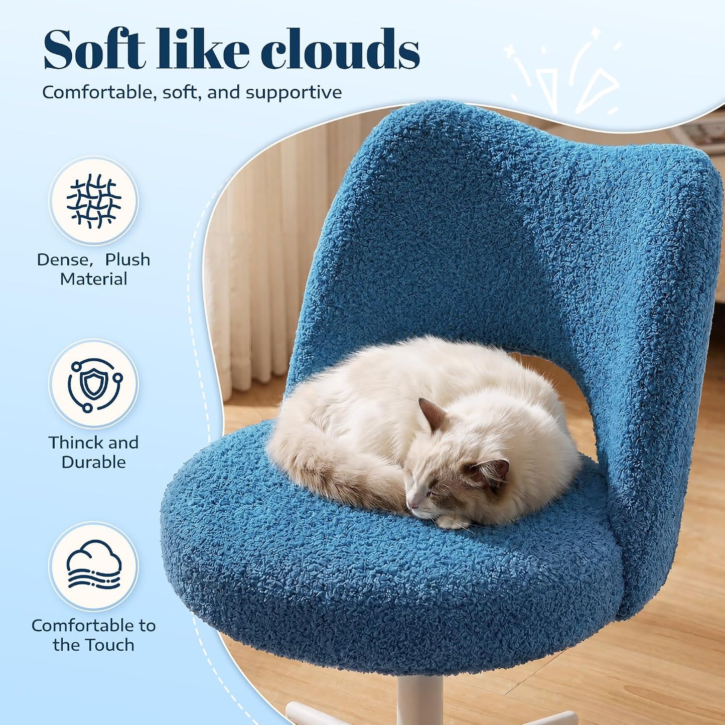 White Teddy Vanity Chair Armless Adjustable Swivel Desk Chair with Wheels
