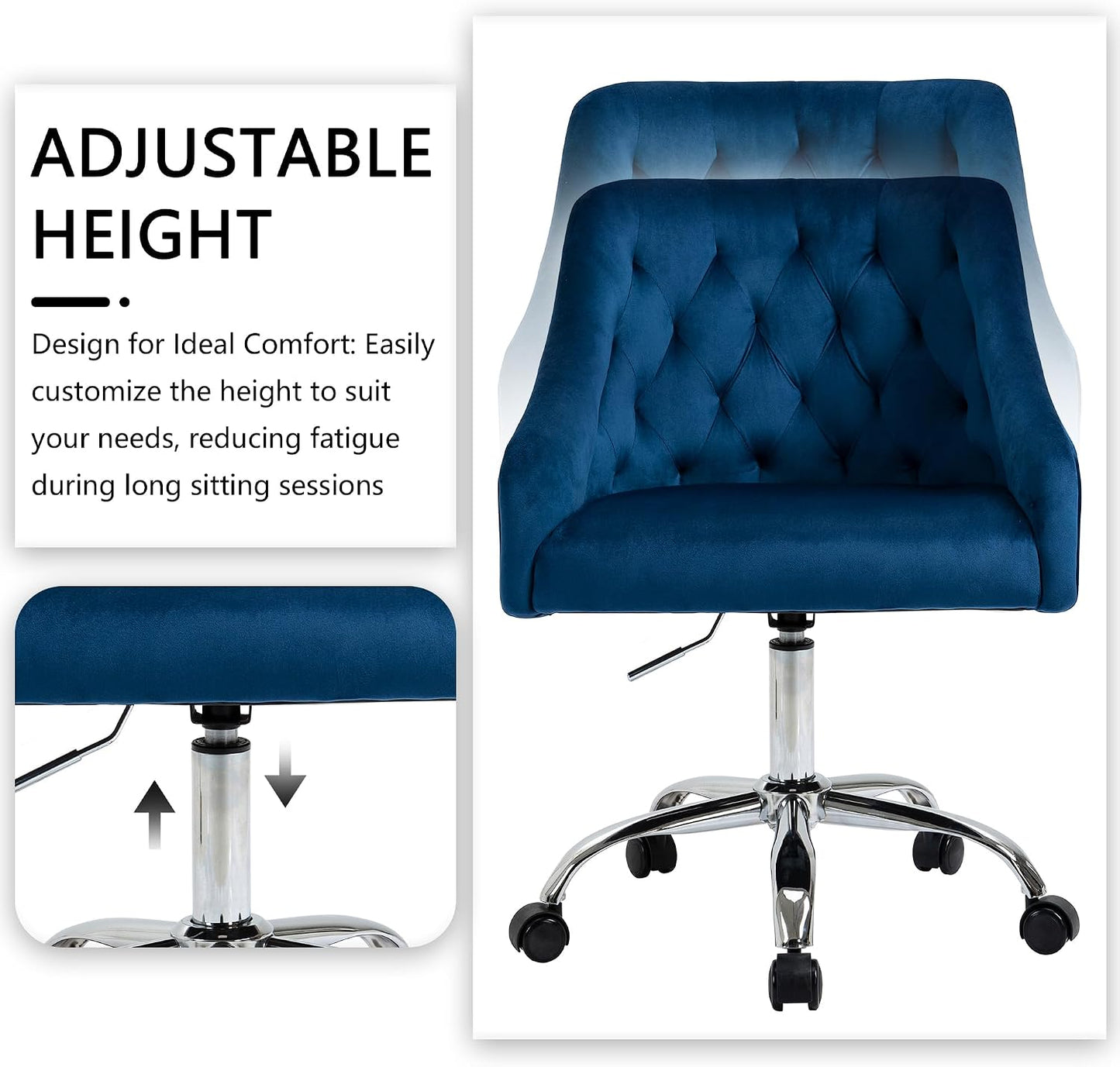 Ivory Velvet Office Chair Tufted Adjustable Swivel Vanity Chair with Wheels