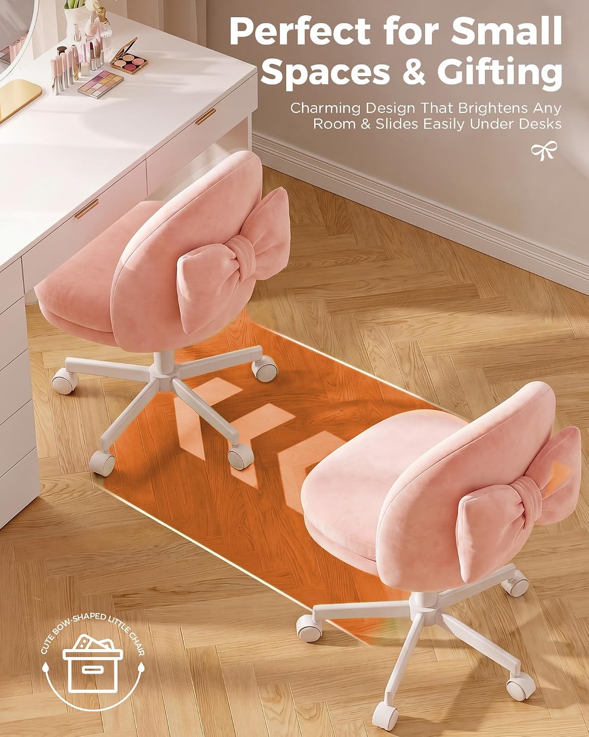 Pink Velvet Vanity Chair Adjustable Swivel Rolling Desk Chair with Lumbar Pillow