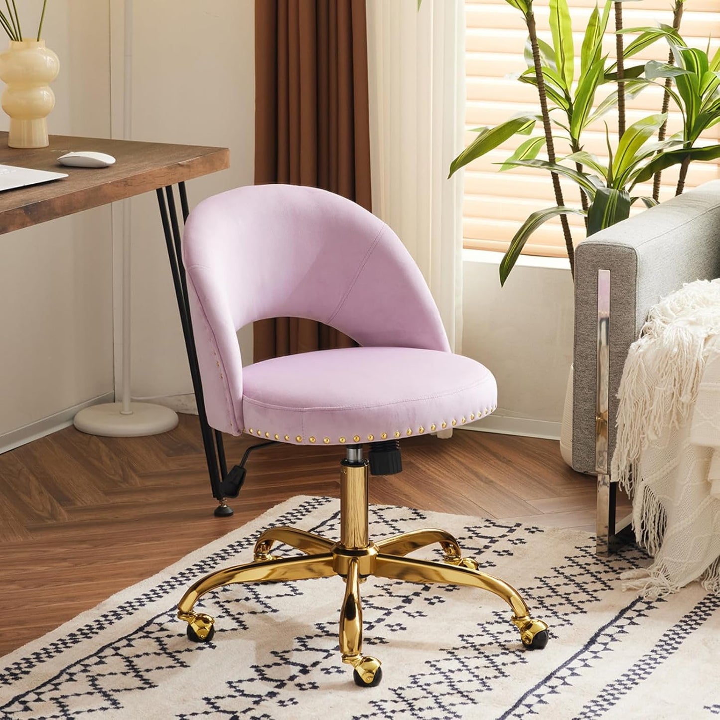 Navy Blue Velvet Office Chair Gold Swivel Rolling Vanity Desk Chair