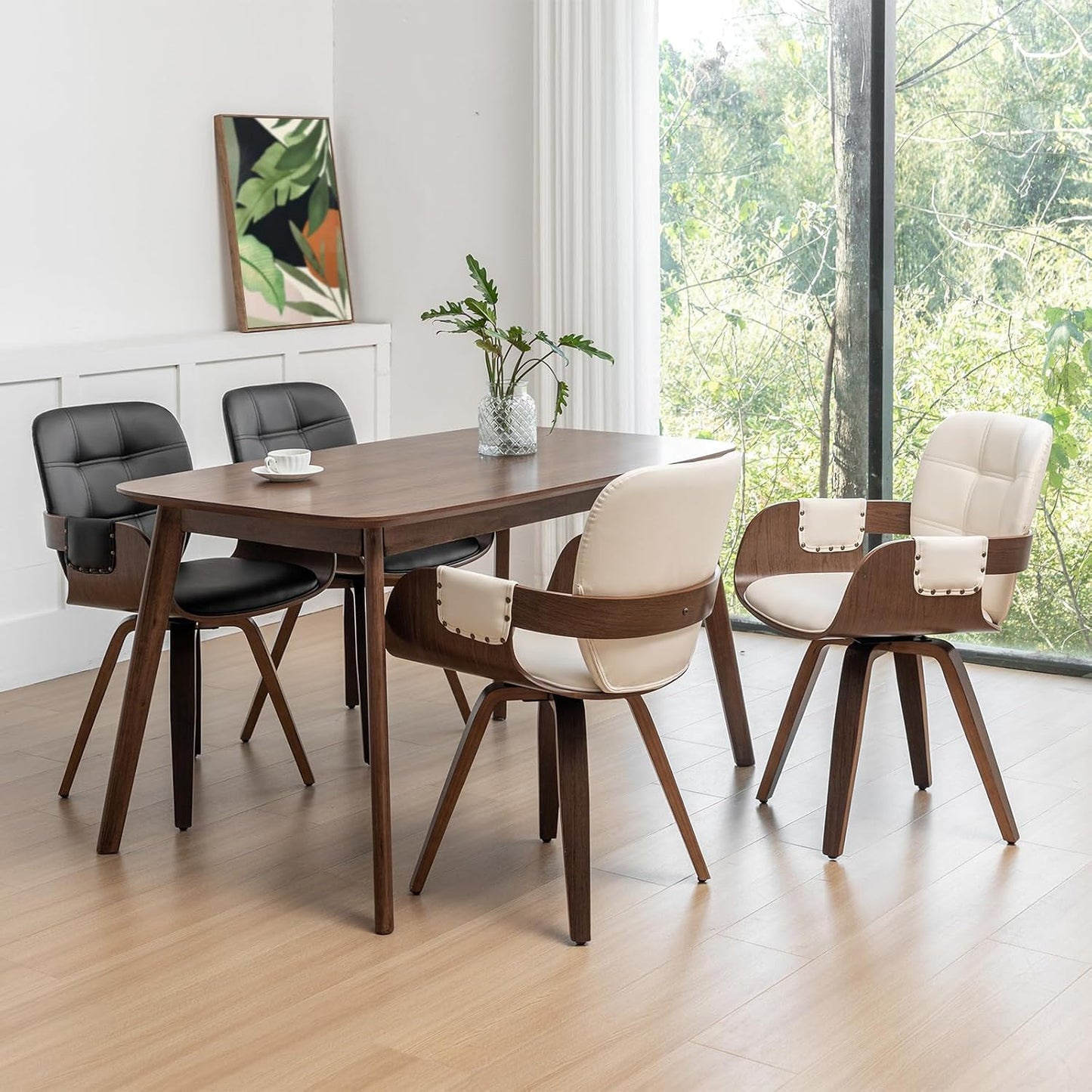 Walnut Brown Swivel Dining Chair with Arms Faux Leather Mid Century Chair
