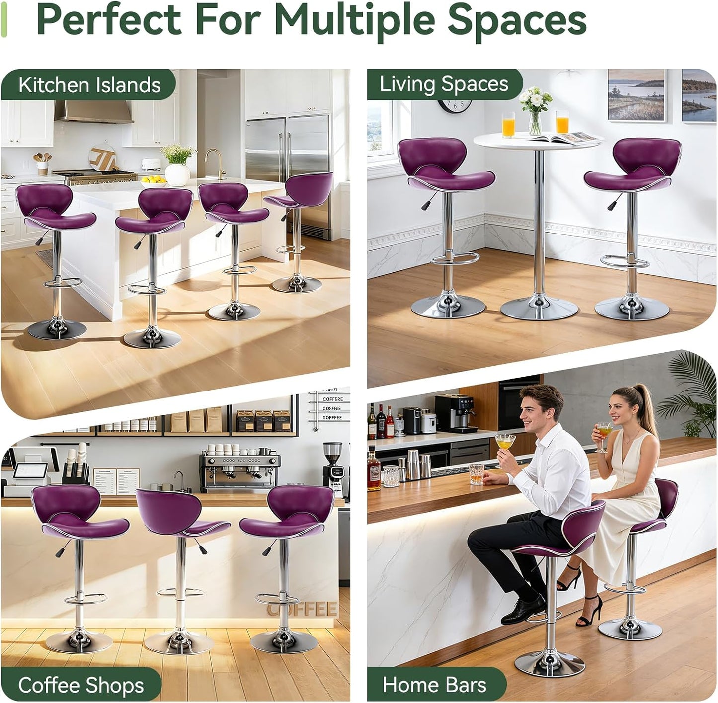 Blue Adjustable Bar Stools Set of 2 Modern Swivel Faux Leather Counter Chairs