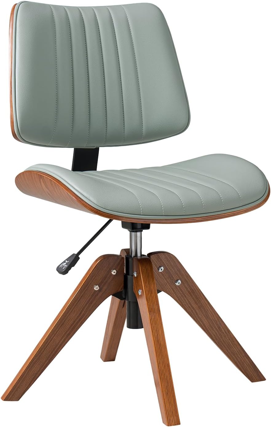 Sage Faux Leather Swivel Desk Chair Adjustable Height Wood Legs Mid Century