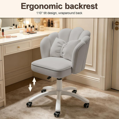 Purple Velvet Petal Vanity Chair Swivel Rolling Desk Chair with Bow Cushion
