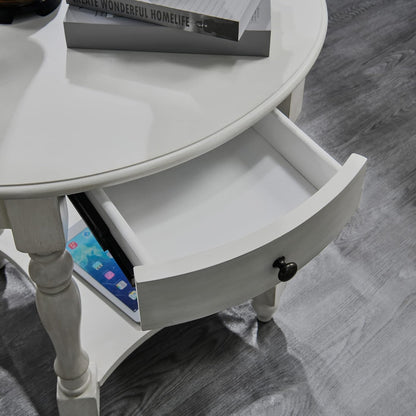 Solid Wood Oval End Table with Drawer and Lower Storage Shelf