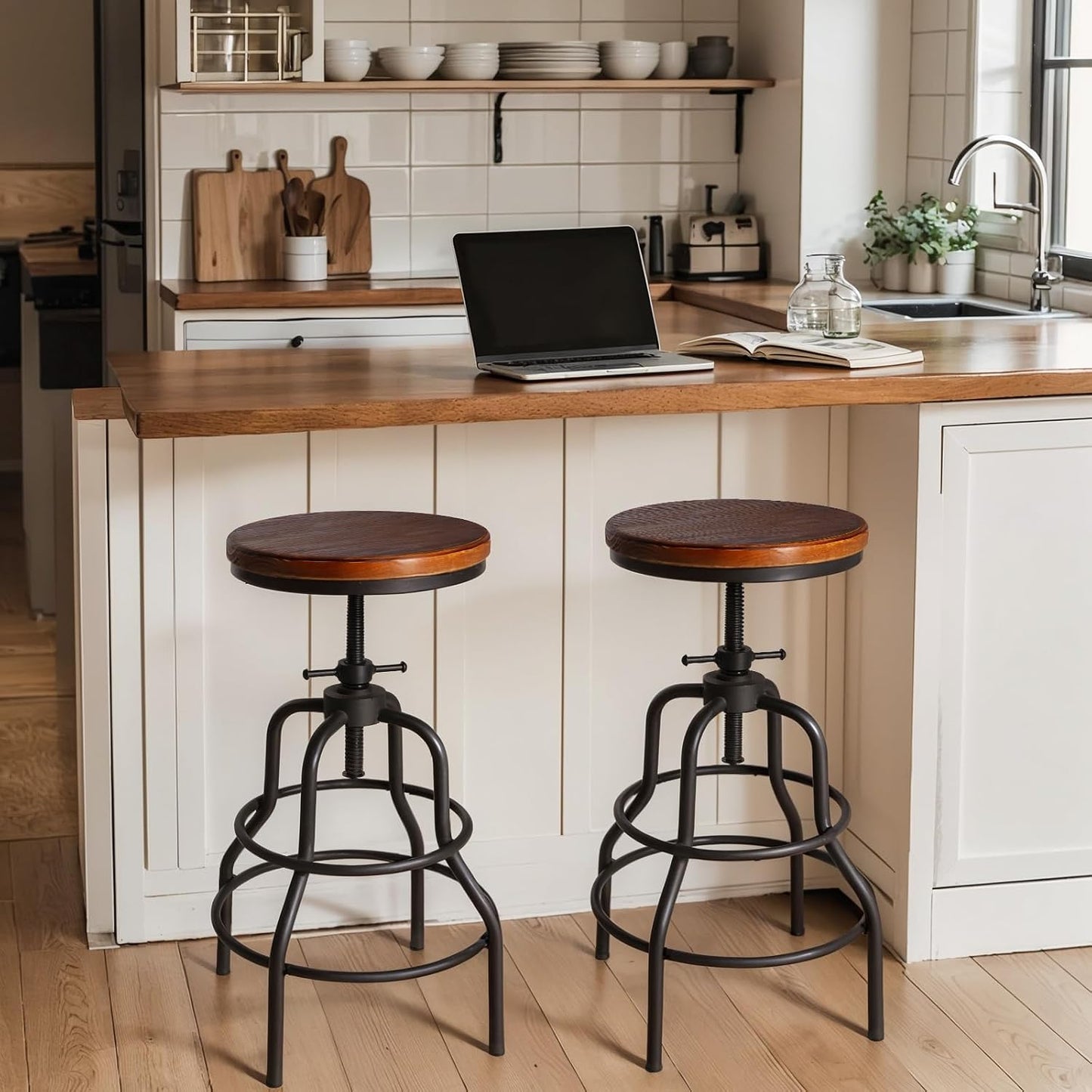 Industrial Swivel Bar Stools Set of 2 Adjustable Wood Counter Height Stools