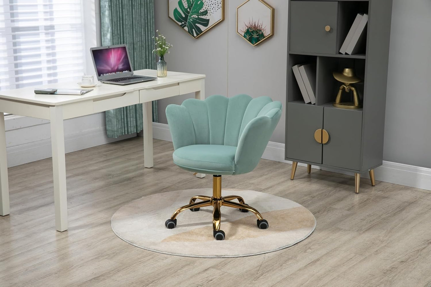 Blue Velvet Office Chair Adjustable Swivel Vanity Chair with Gold Base