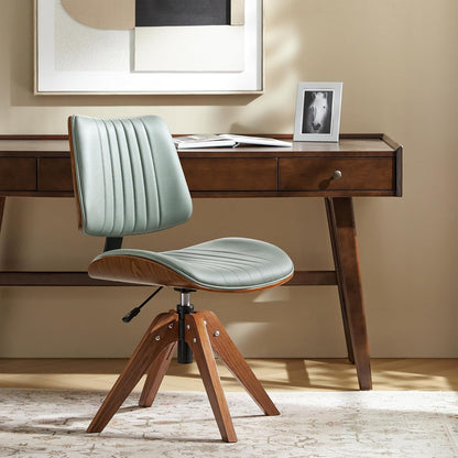 Sage Faux Leather Swivel Desk Chair Adjustable Height Wood Legs Mid Century