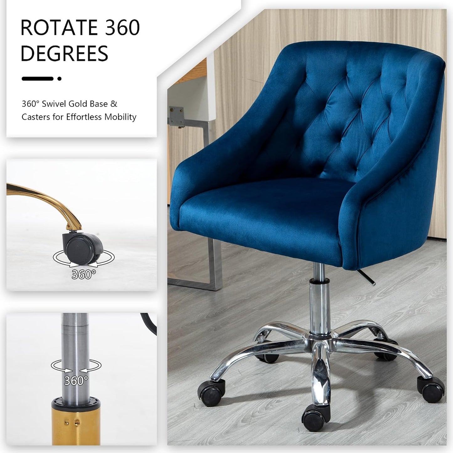 Ivory Velvet Office Chair Tufted Adjustable Swivel Vanity Chair with Wheels