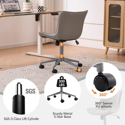 Brown Faux Leather Office Chair Adjustable Swivel Rolling Armless Desk Chair