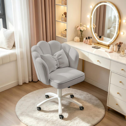 Purple Velvet Petal Vanity Chair Swivel Rolling Desk Chair with Bow Cushion