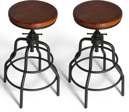 Industrial Swivel Bar Stools Set of 2 Adjustable Wood Counter Height Stools