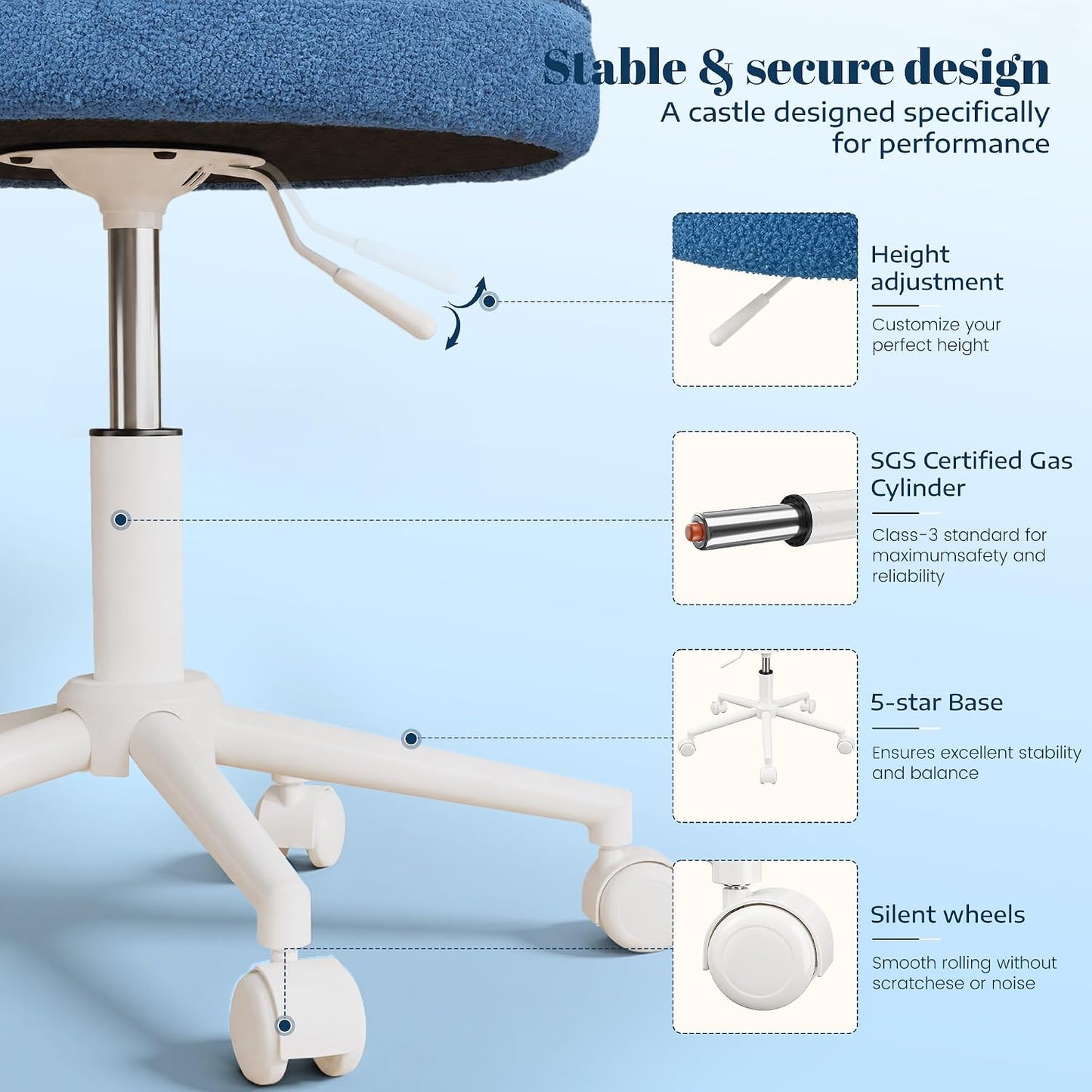 White Teddy Vanity Chair Armless Adjustable Swivel Desk Chair with Wheels