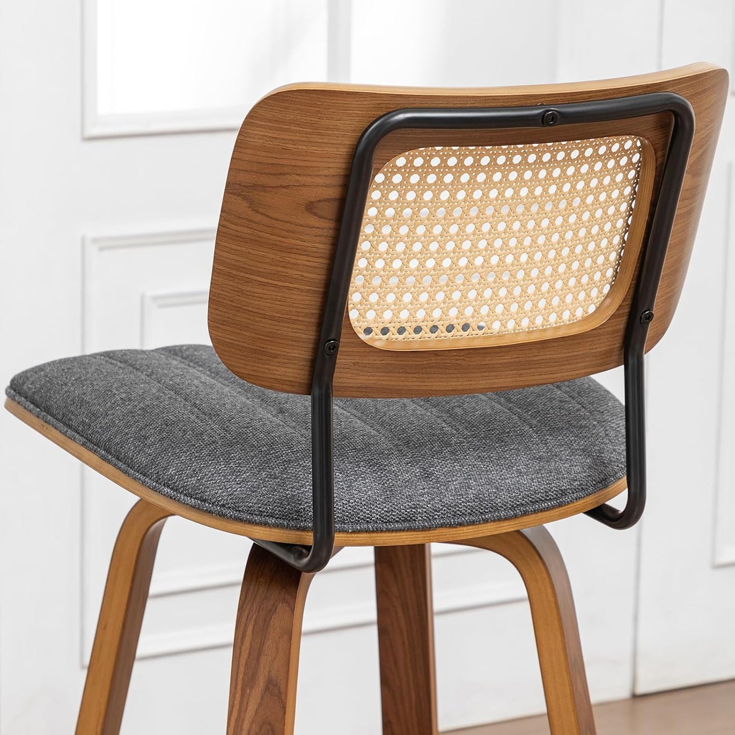 Walnut Rattan Swivel Bar Stool Cane Back Beige Faux Leather 30 Inch