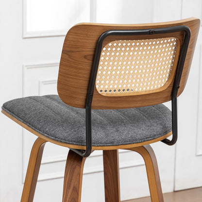 Walnut Rattan Swivel Bar Stool Cane Back Beige Faux Leather 30 Inch