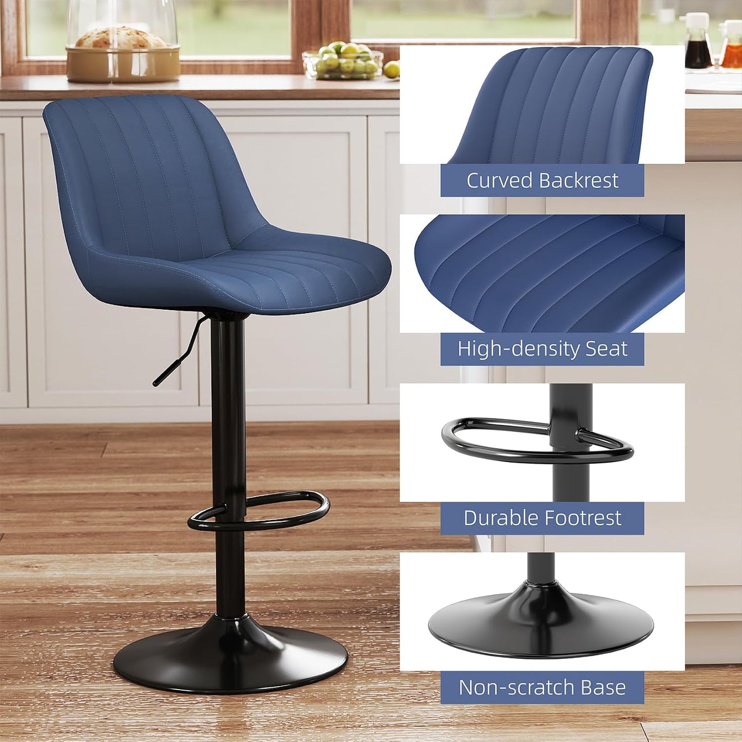 Adjustable Swivel Bar Stool Black Faux Leather Counter Height Metal Base