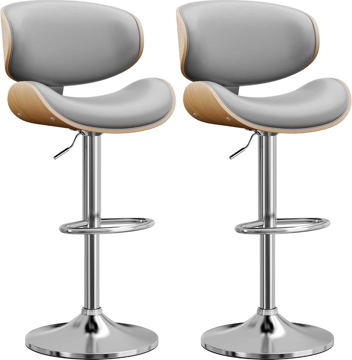 Adjustable Swivel Bar Stool Black PU Leather Walnut Bentwood Counter Chair
