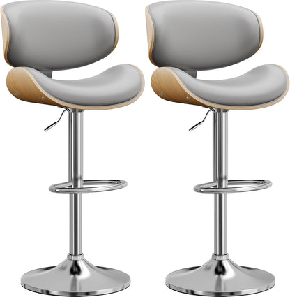 Adjustable Swivel Bar Stool Black PU Leather Walnut Bentwood Counter Chair