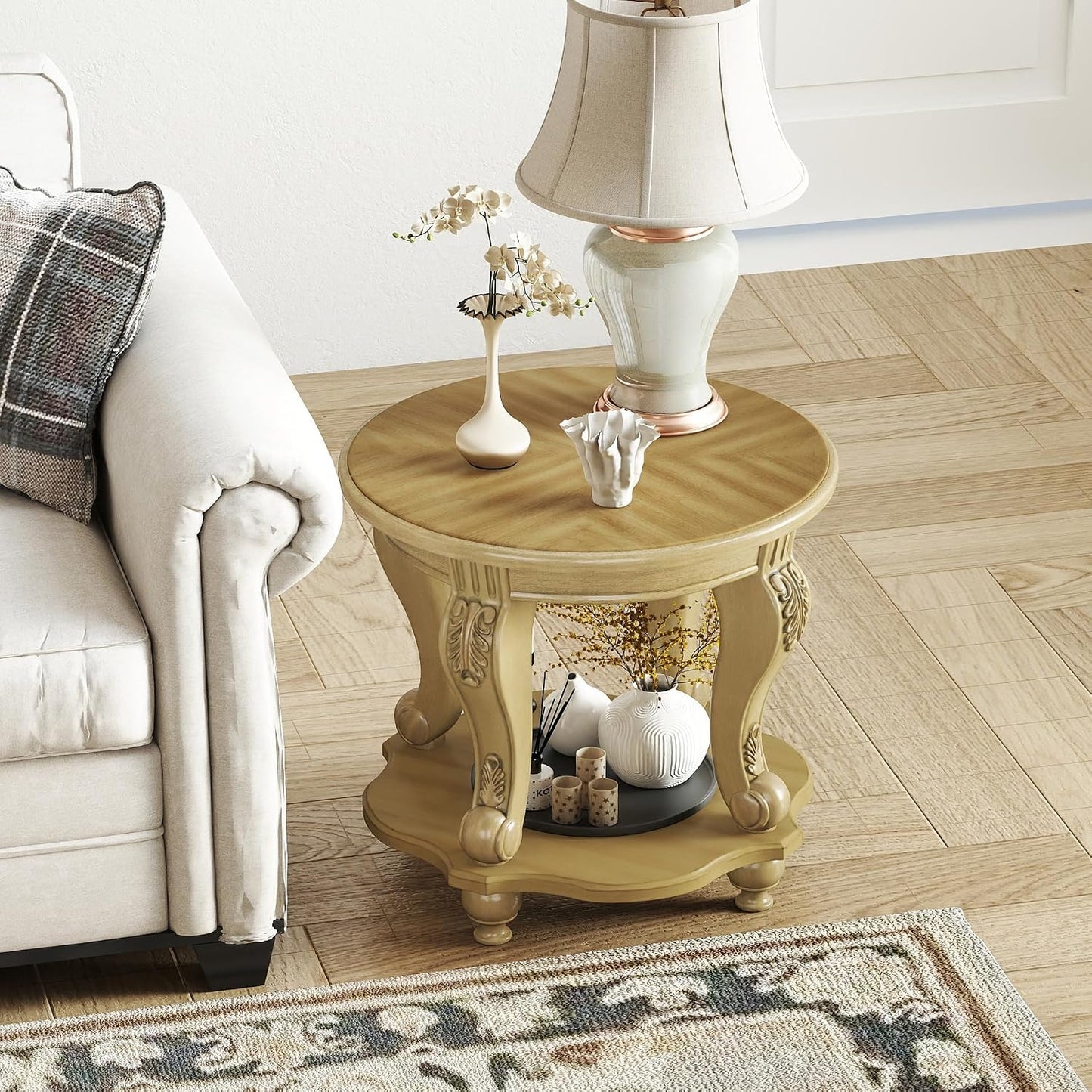 Round End Table Antique Natural Victorian Carved Side Table with Storage Shelf
