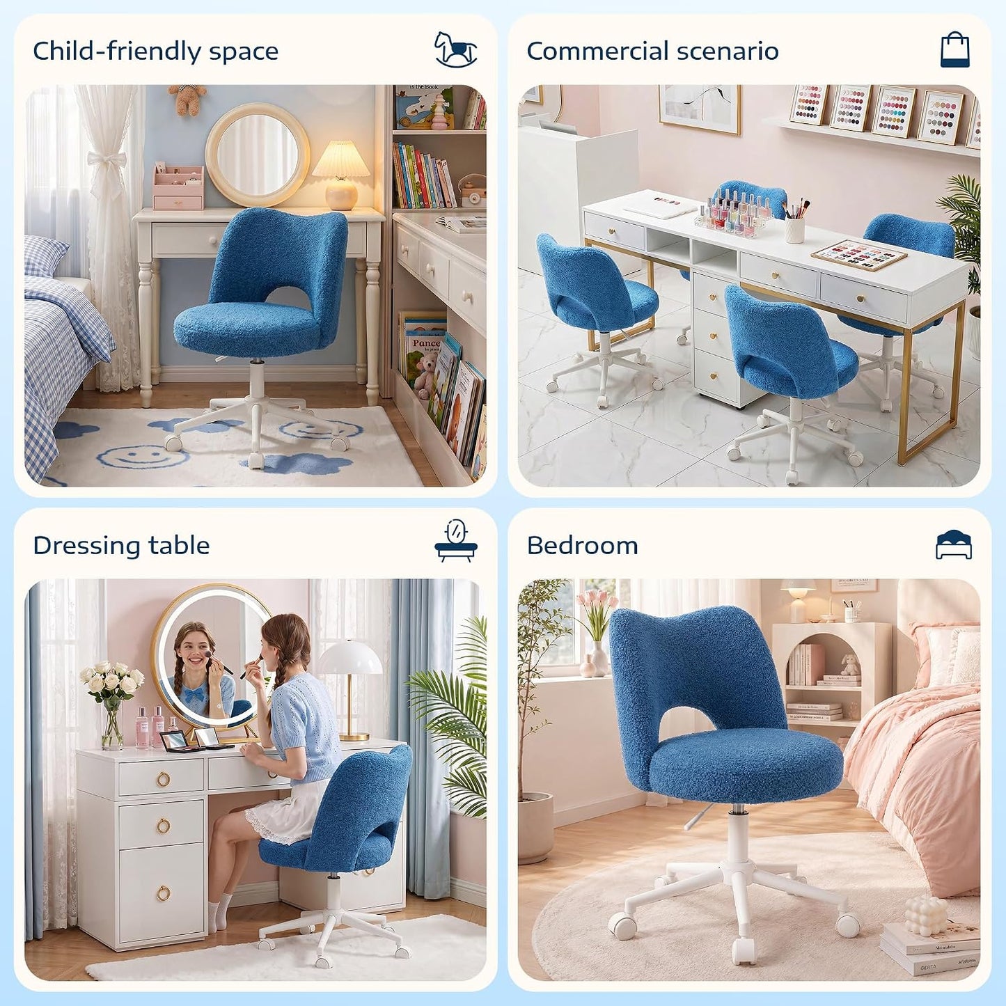 White Teddy Vanity Chair Armless Adjustable Swivel Desk Chair with Wheels