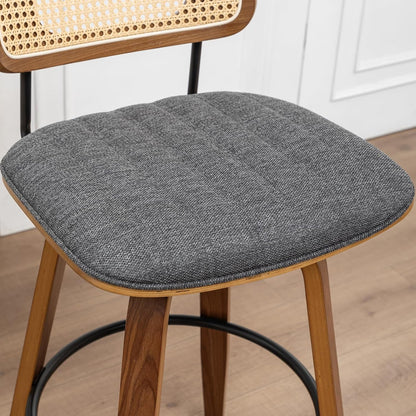 Walnut Rattan Counter Stool with Cane Back Grey Fabric Seat 26 Inch