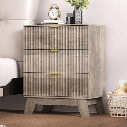 White Fluted Nightstand with 3 Drawers Modern Wide Bedside Table