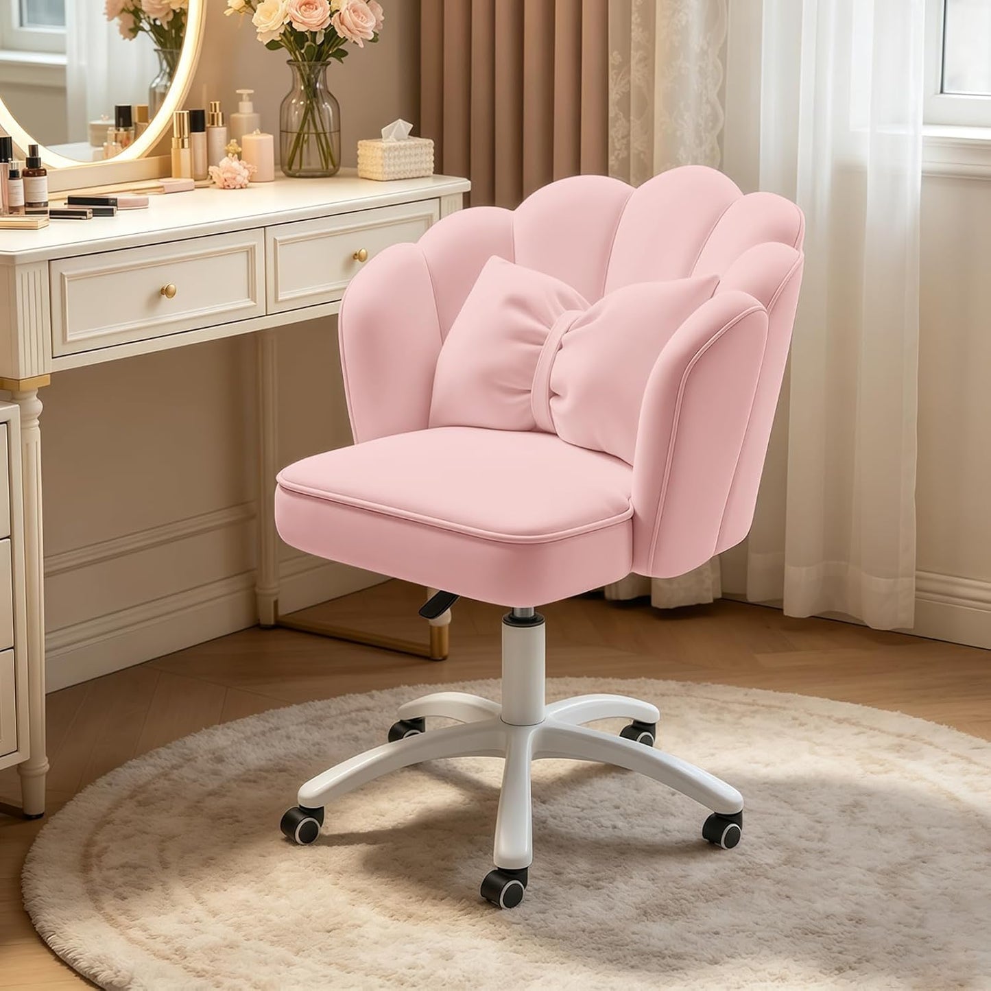 Purple Velvet Petal Vanity Chair Swivel Rolling Desk Chair with Bow Cushion