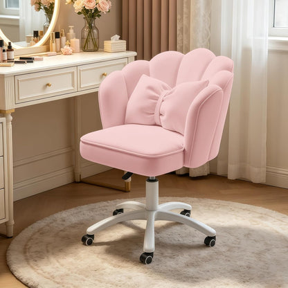 Purple Velvet Petal Vanity Chair Swivel Rolling Desk Chair with Bow Cushion