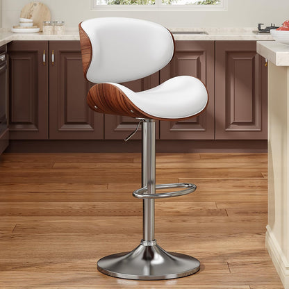 Adjustable Swivel Bar Stool Black PU Leather Walnut Bentwood Counter Chair
