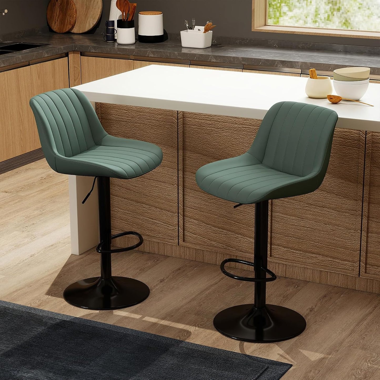 Adjustable Swivel Bar Stool Black Faux Leather Counter Height Metal Base
