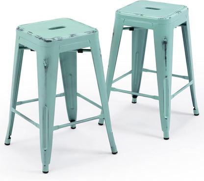 Black Metal Bar Stools Set of 2 Stackable Industrial Counter Height Seats