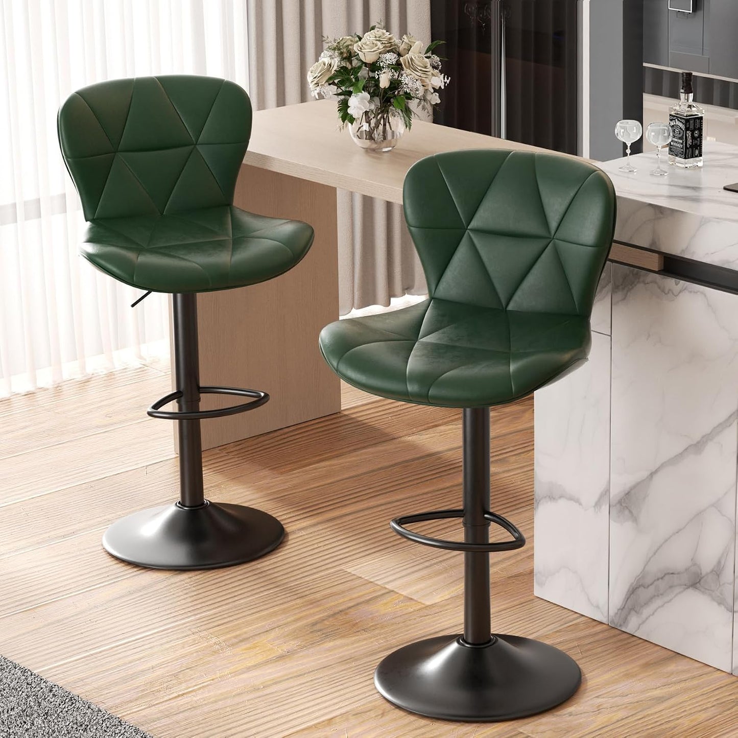 Black Swivel Bar Stools Set of 2 Adjustable Faux Leather Kitchen Chairs