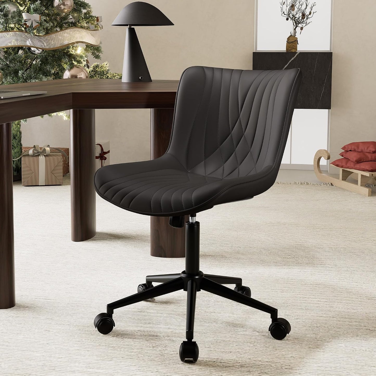 Brown Faux Leather Office Chair Adjustable Swivel Rolling Armless Desk Chair