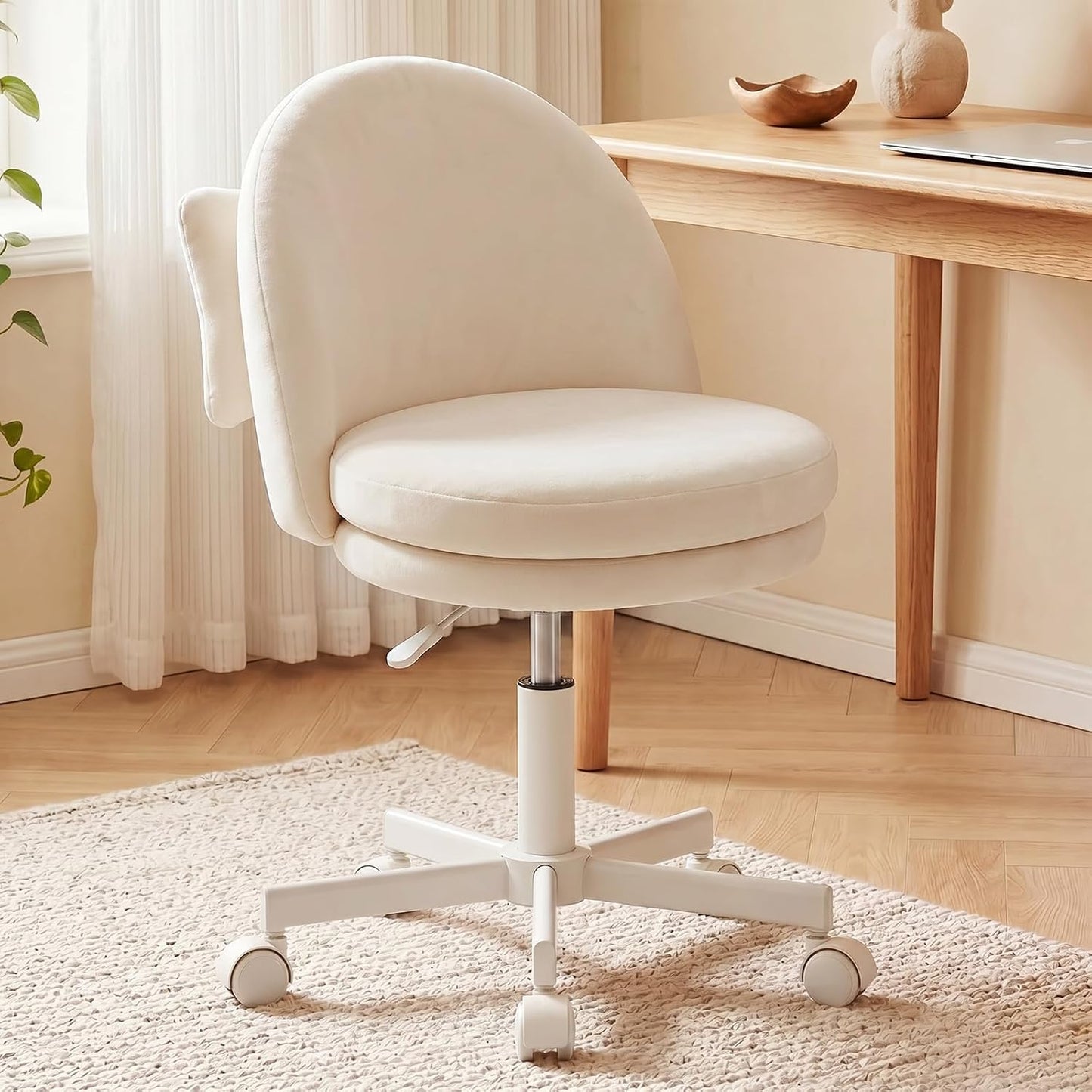 Pink Velvet Vanity Chair Adjustable Swivel Rolling Desk Chair with Lumbar Pillow