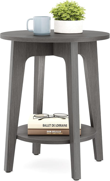 Round Wood Side Table with Lower Shelf Mid Century End Table