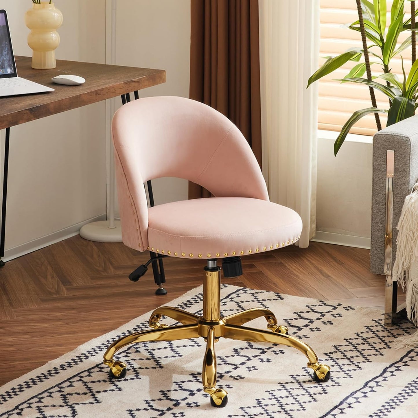 Navy Blue Velvet Office Chair Gold Swivel Rolling Vanity Desk Chair