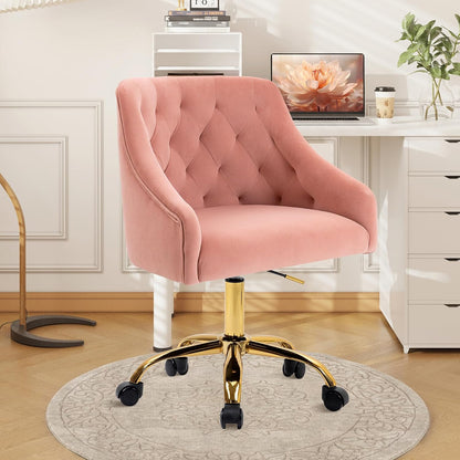 Ivory Velvet Office Chair Tufted Adjustable Swivel Vanity Chair with Wheels